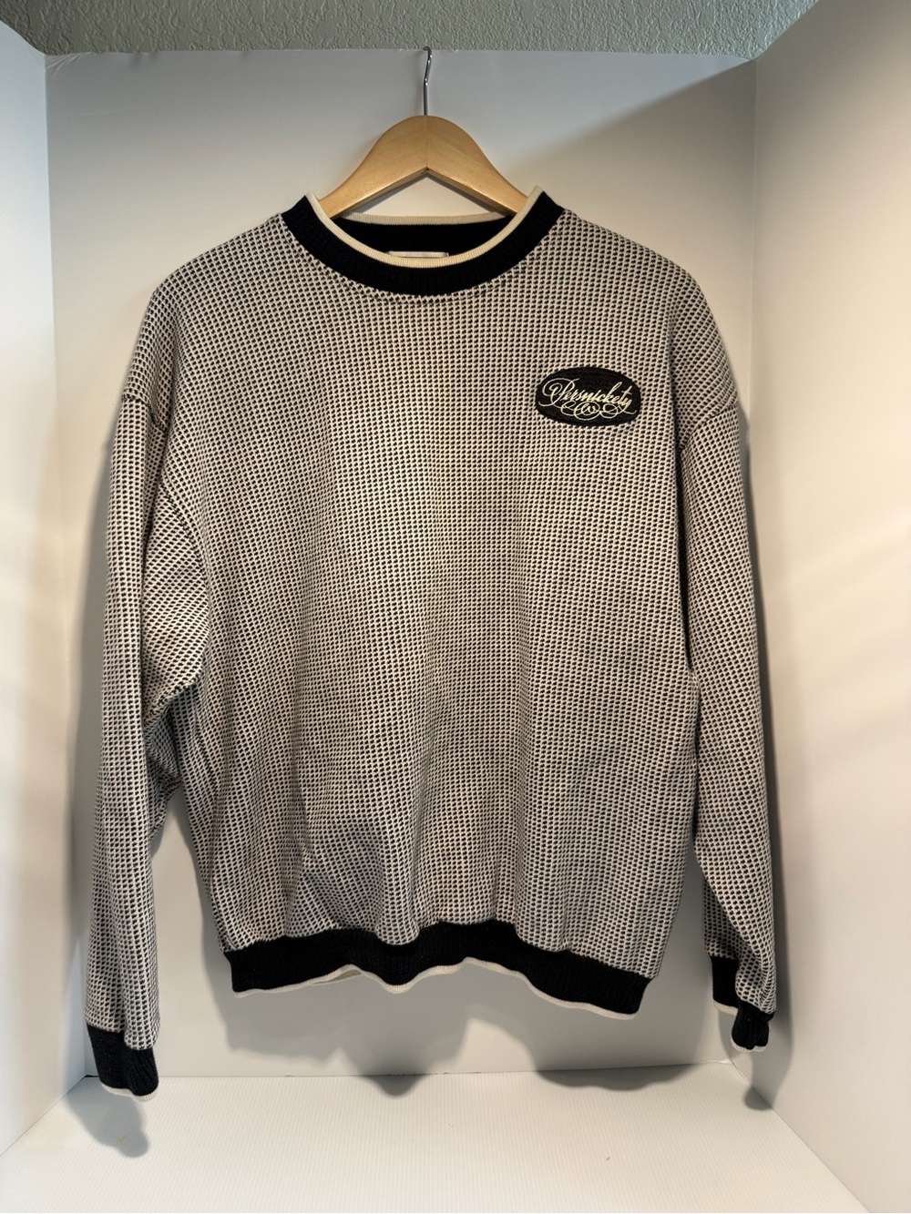 Vintage Ash City Black White Textured Cotton Knit Crewneck Sweater L (1 of 2)